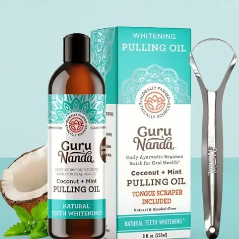 Guru Nanda Coconut & Mint Teeth Whitening Oil with Tongue Scraper 237ml